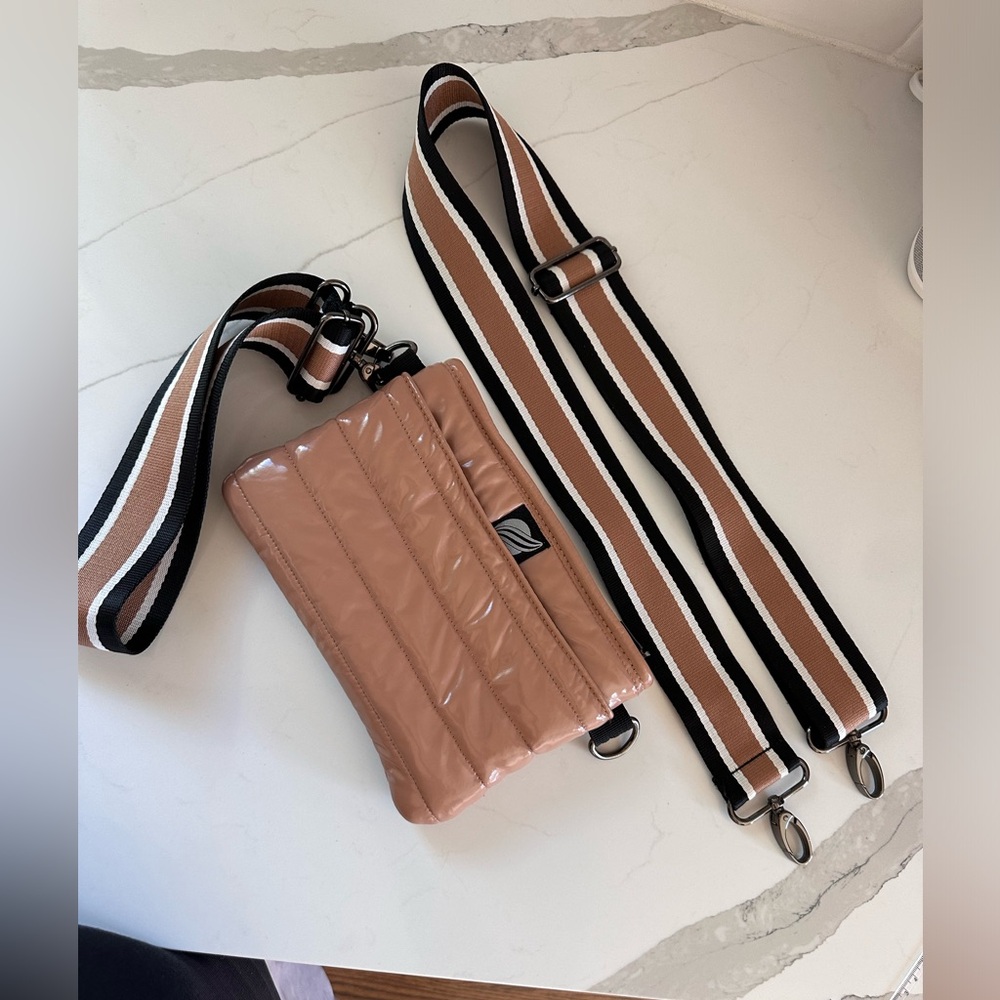 THINK ROYLN Quilted Crossbody Bag in Blush Brown with Striped Strap